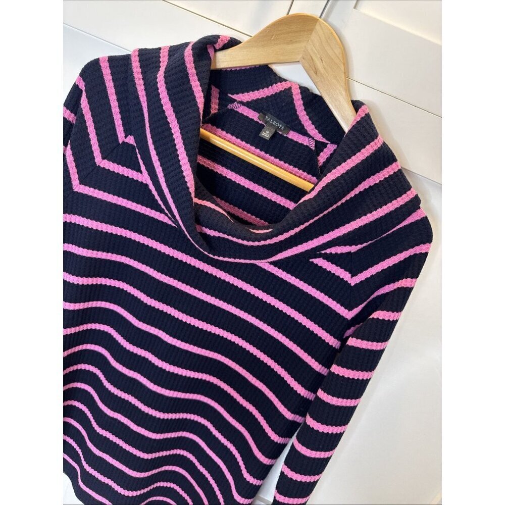 Talbots Sweater M Navy Pink Stripe Waffle Knit Cowl Neck Pullover Casual Top - Picture 2 of 7